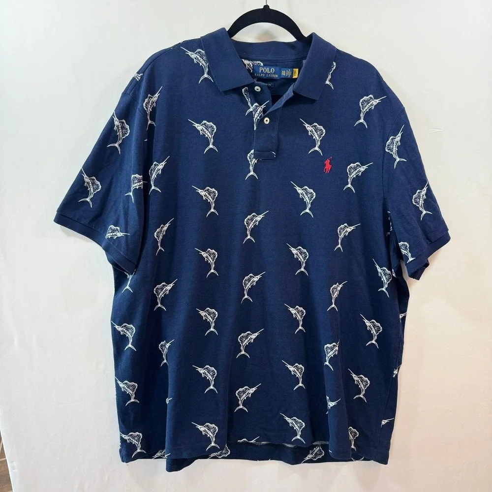 Polo Ralph Lauren Marlin Fish Print Polo Shirt Mens XXL Navy Blue Classic Fit